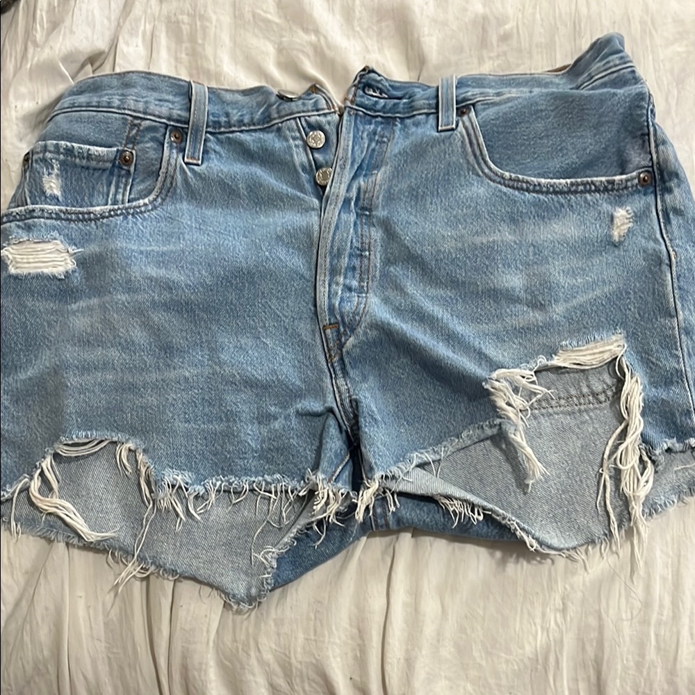 Blue Distressed Jean Shorts with Frayed Hem